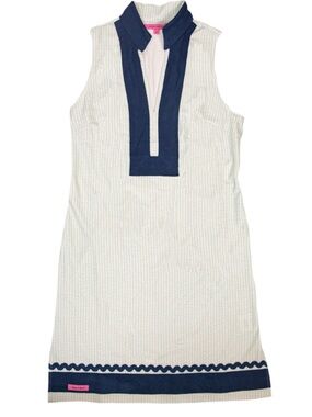 Simply Southern Light Blue & White Shift Dress with Navy Trim and Pink Logo